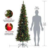 7.5FT Christmas Tree with 300 Lights Pinecones and Red Berries, Artificial Hinged Snow Flocked Xmas Tree Holiday Decoration