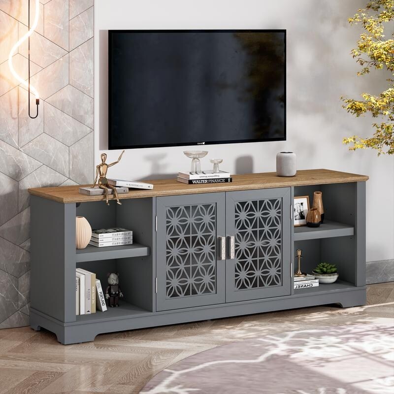 70 in. Rustic Decorative Floral Door TV Stand for up to 80" TVs