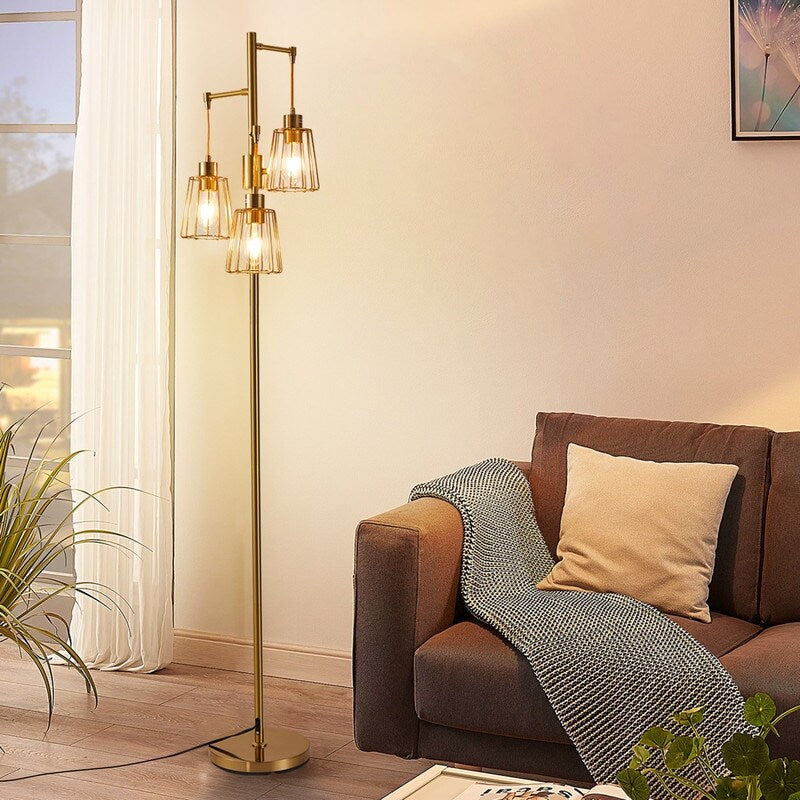 70 in. LED Tree Floor Lamp with 3 Cage Shades and Edison Bulbs