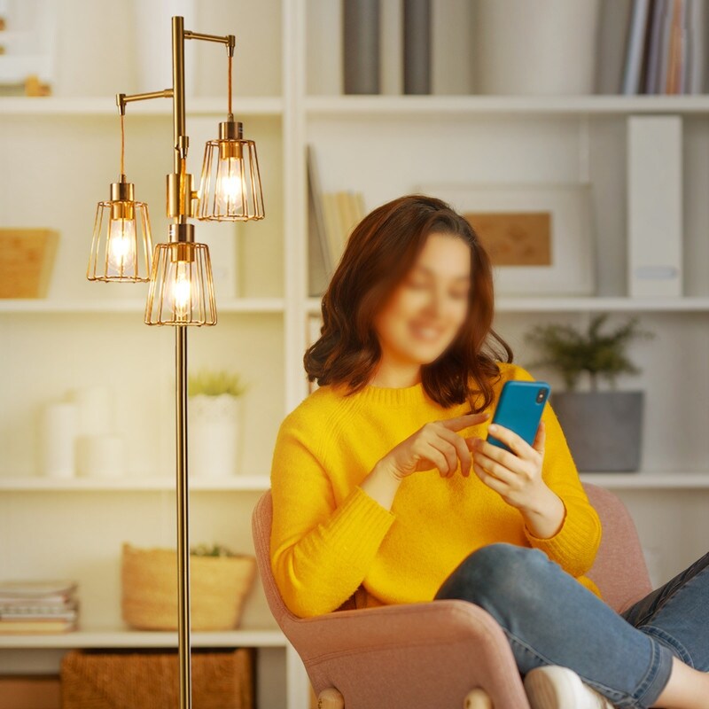 70 in. LED Tree Floor Lamp with 3 Cage Shades and Edison Bulbs
