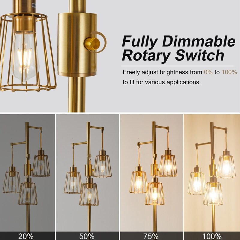 70 in. LED Tree Floor Lamp with 3 Cage Shades and Edison Bulbs