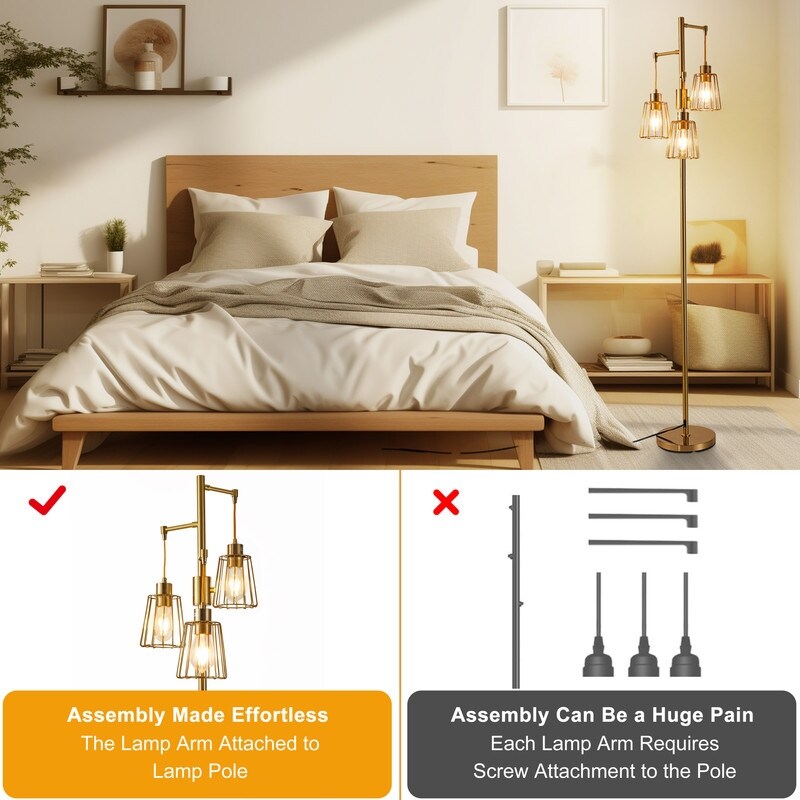 70 in. LED Tree Floor Lamp with 3 Cage Shades and Edison Bulbs
