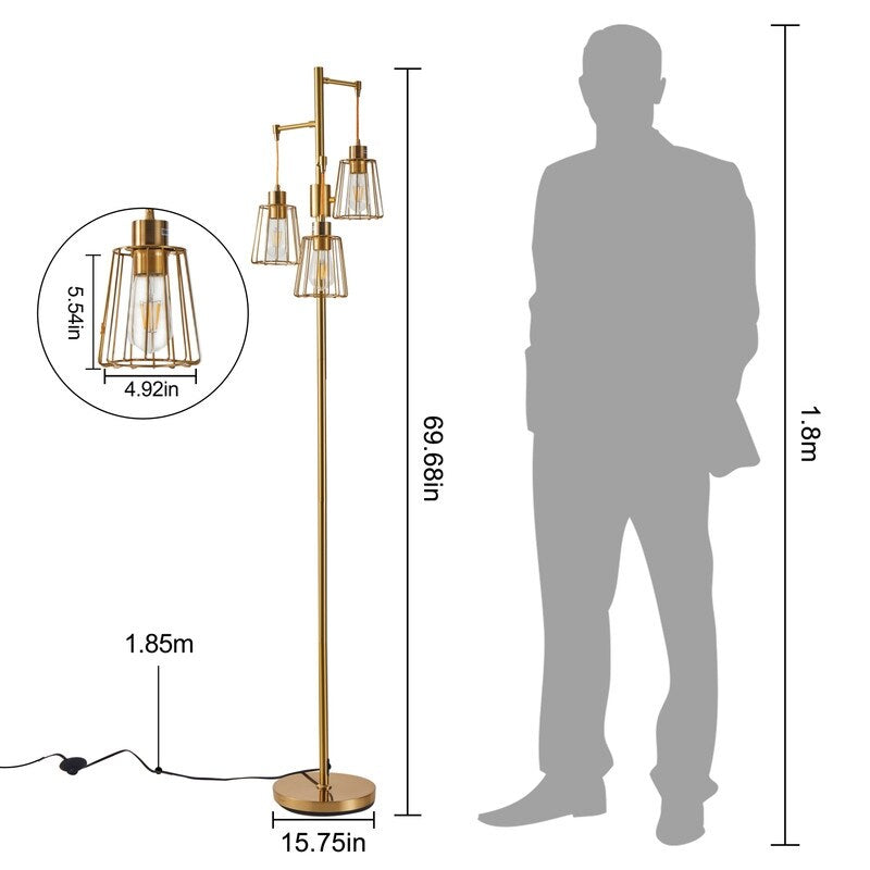 70 in. LED Tree Floor Lamp with 3 Cage Shades and Edison Bulbs