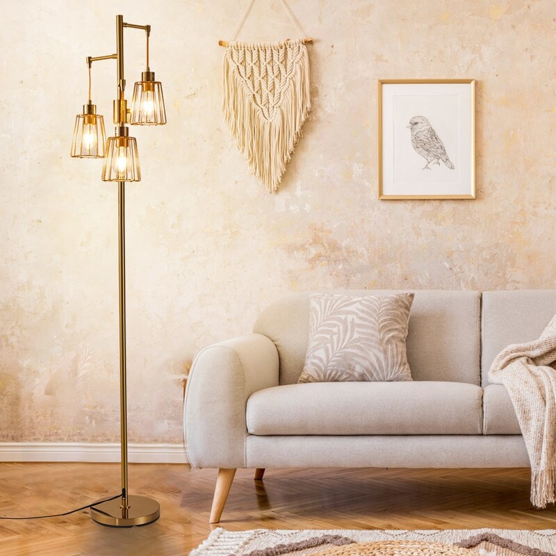 70 in. LED Tree Floor Lamp with 3 Cage Shades and Edison Bulbs