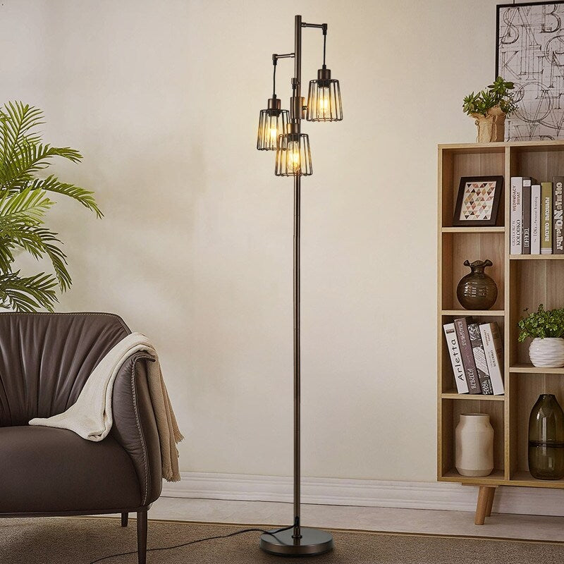 70 in. LED Tree Floor Lamp with 3 Cage Shades and Edison Bulbs