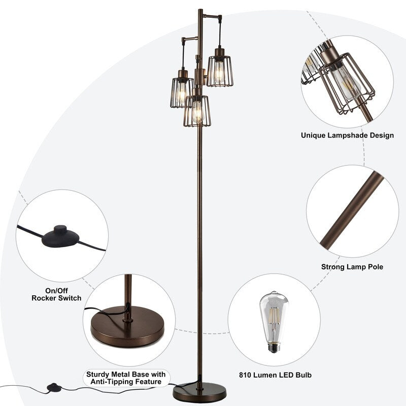 70 in. LED Tree Floor Lamp with 3 Cage Shades and Edison Bulbs
