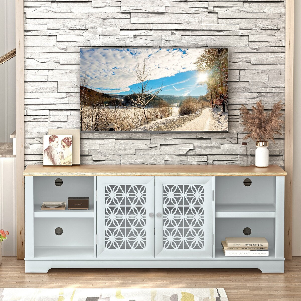 70 in. Rustic Decorative Floral Door TV Stand for up to 80" TVs