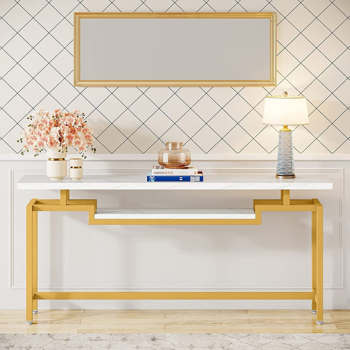 70 inch Console Table Narrow Long Behind Sofa Table with 2 Ties