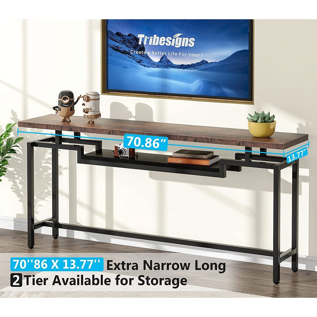 70 inch Console Table Narrow Long Behind Sofa Table with 2 Ties