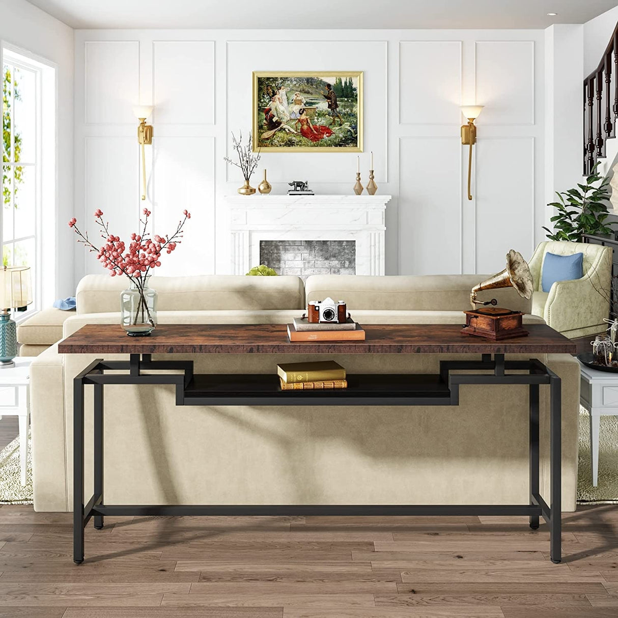 70 inch Console Table Narrow Long Behind Sofa Table with 2 Ties