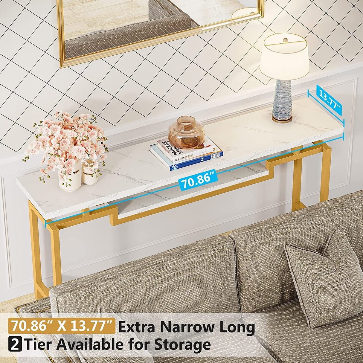 70 inch Console Table Narrow Long Behind Sofa Table with 2 Ties