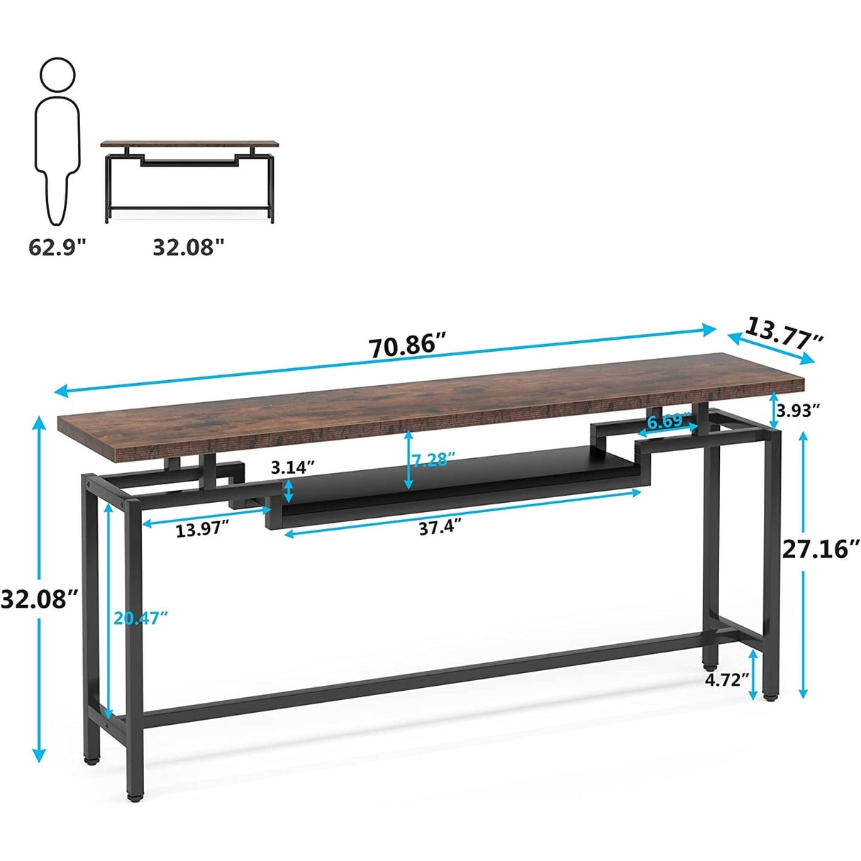 70 inch Console Table Narrow Long Behind Sofa Table with 2 Ties