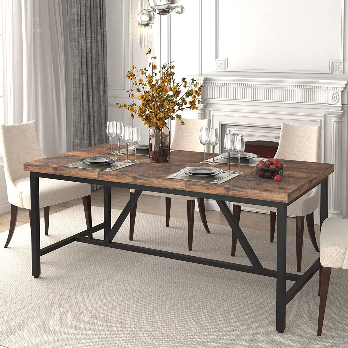 70 x 35 Inch Large Wood Dining Table for 6-8 People with Metal Frame - 70 in