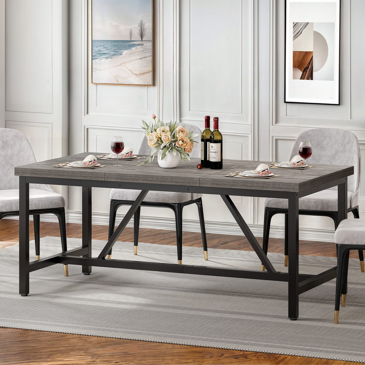 70 x 35 Inch Large Wood Dining Table for 6-8 People with Metal Frame - 70 in