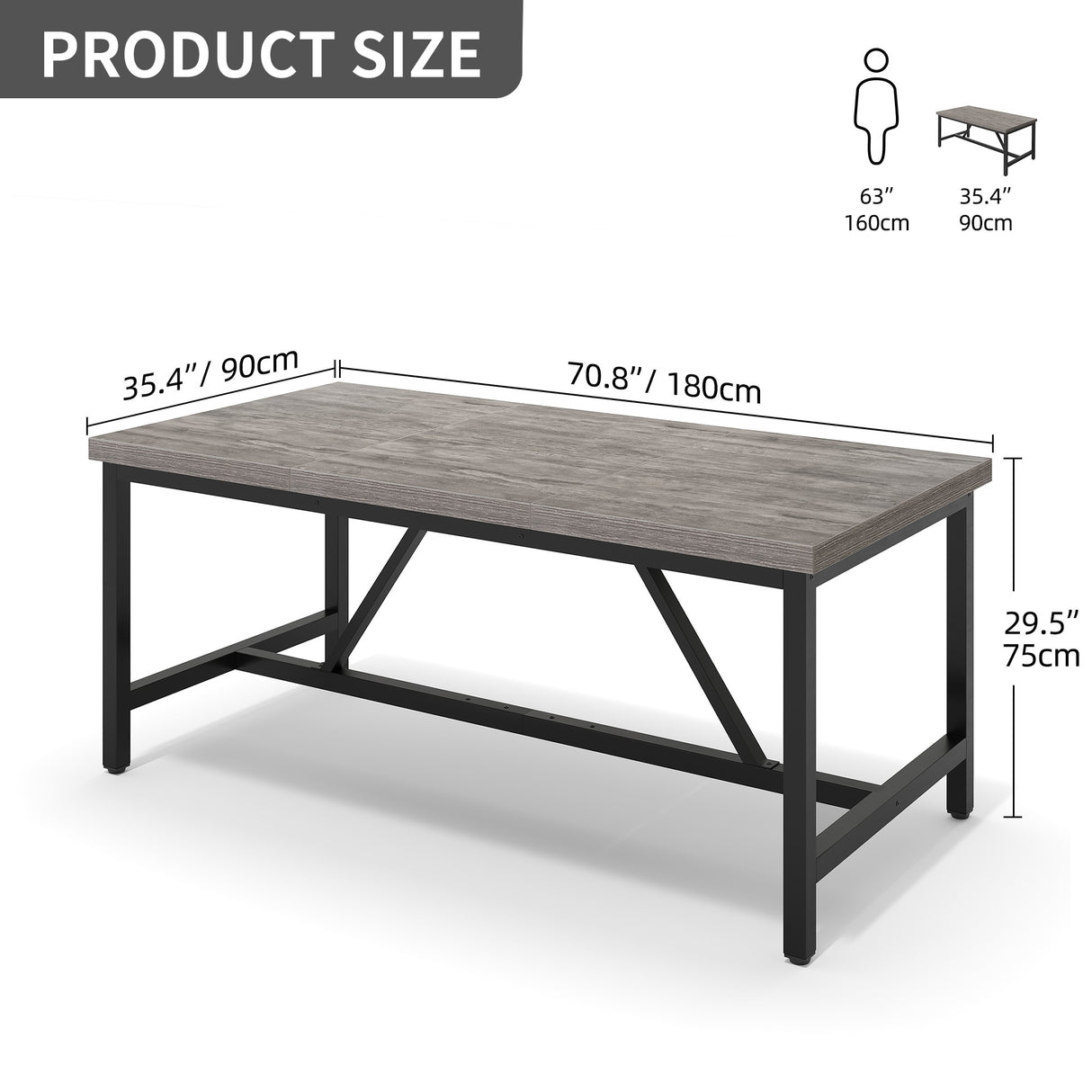70 x 35 Inch Large Wood Dining Table for 6-8 People with Metal Frame - 70 in