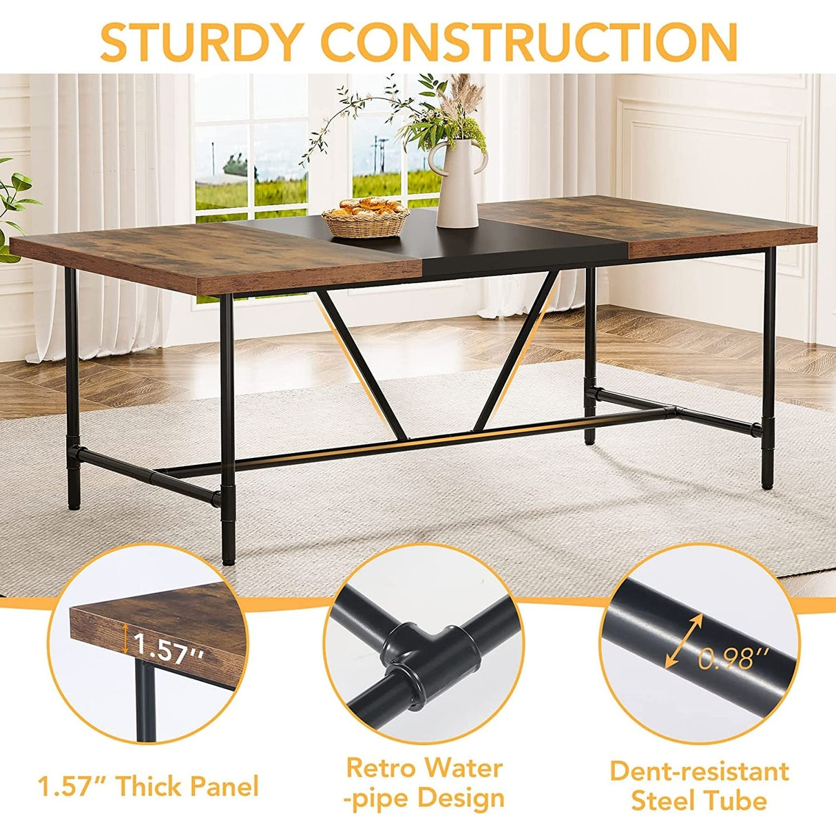 70.8 x 35.4 inch Dining Table for 6-8, Kitchen Dining Room Table with Tube Metal Frame,Brown