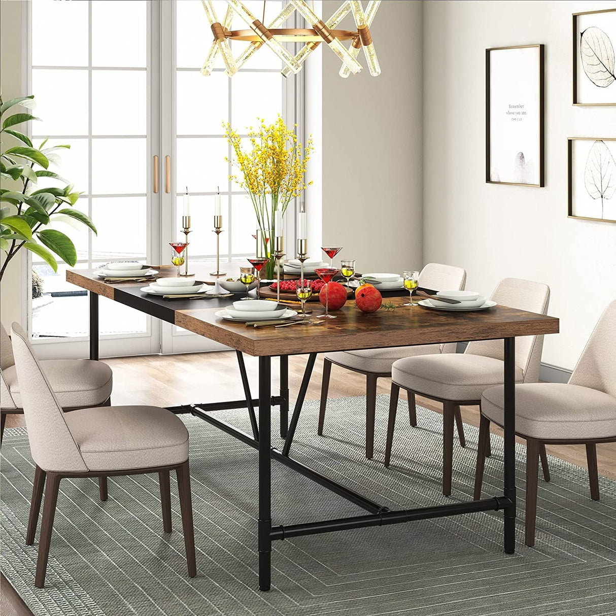 70.8 x 35.4 inch Dining Table for 6-8, Kitchen Dining Room Table with Tube Metal Frame,Brown