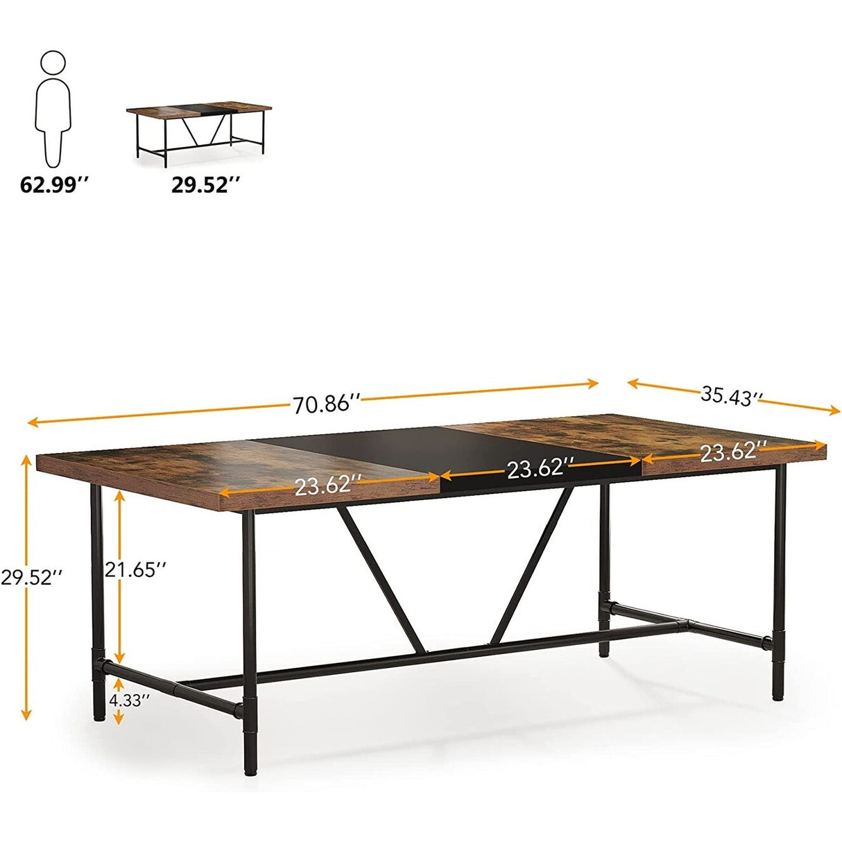 70.8 x 35.4 inch Dining Table for 6-8, Kitchen Dining Room Table with Tube Metal Frame,Brown