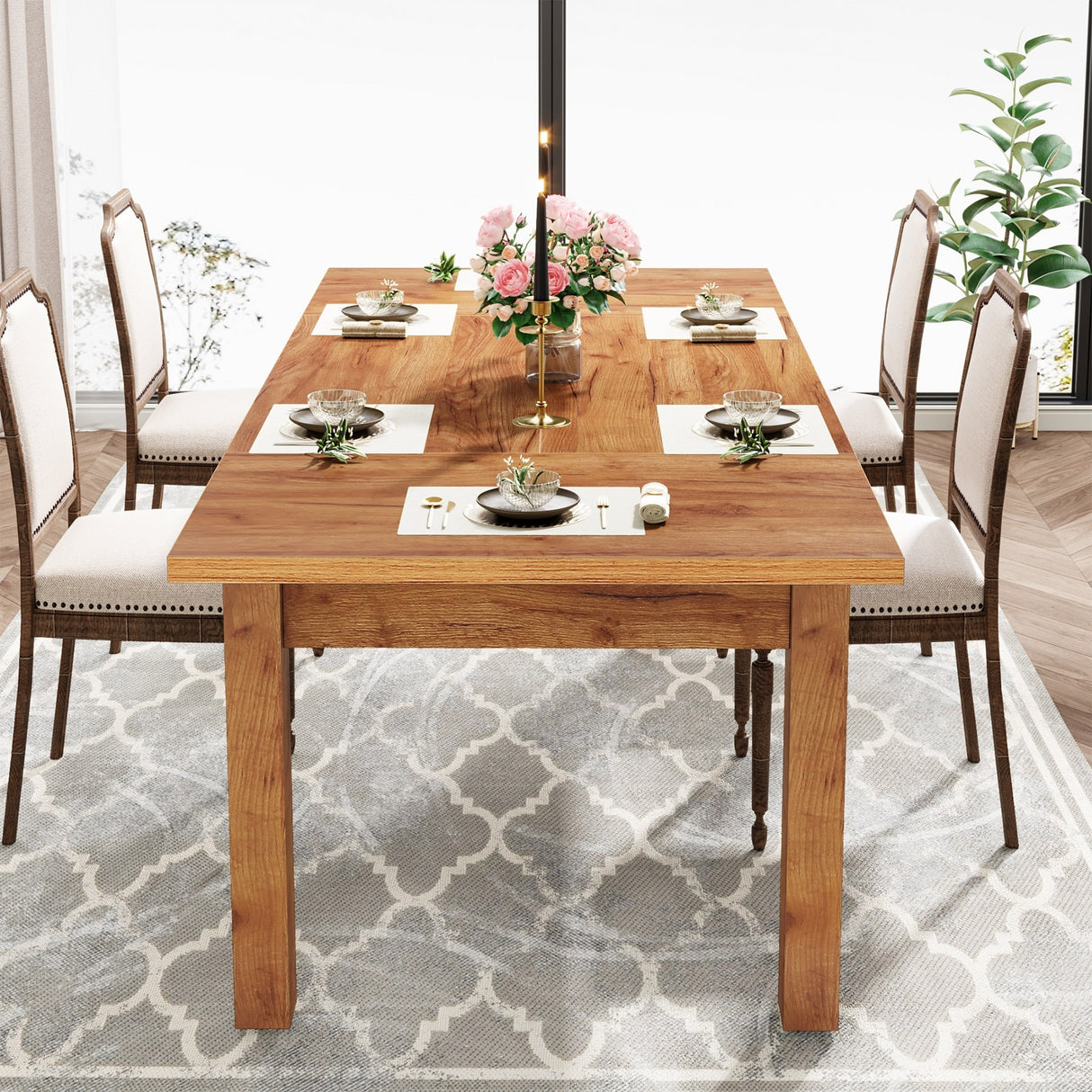 70.86" Wood Dining Table for 6-8 People with Thickened Solid Wood Legs