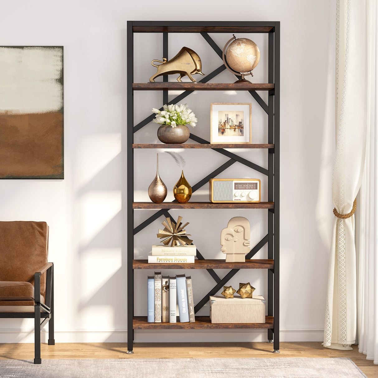 71 Inch Industrial Bookshelf, 6 Shelf Etagere Bookcase,Free Standing Open Book Shelves Storage Display Shelf