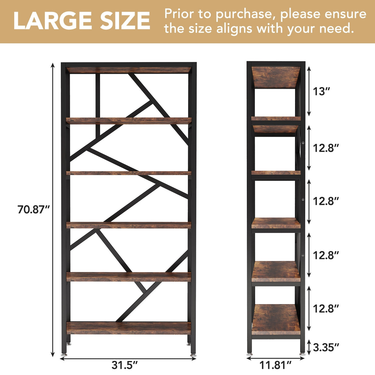 71 Inch Industrial Bookshelf, 6 Shelf Etagere Bookcase,Free Standing Open Book Shelves Storage Display Shelf