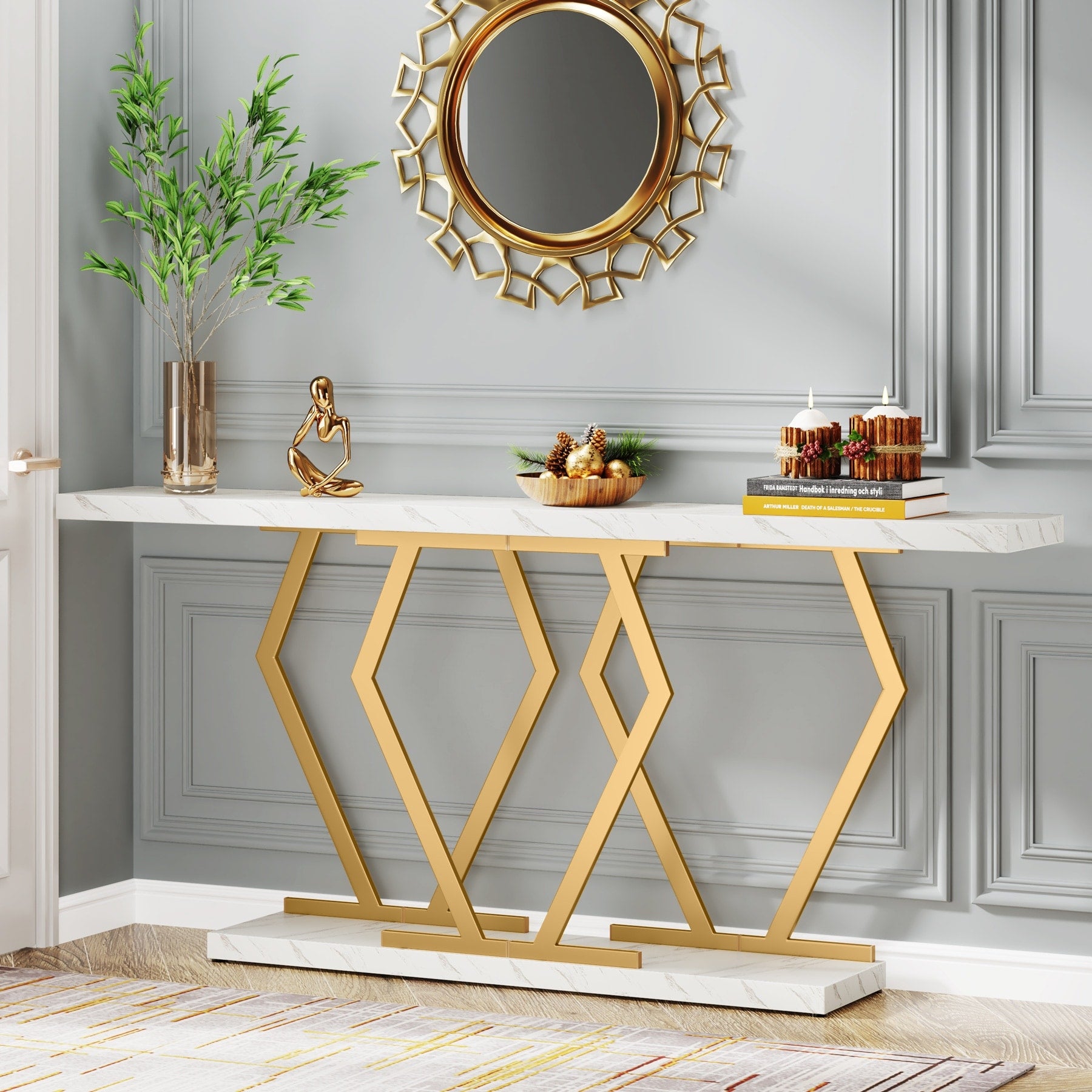 70.9 Inch Extra Long Modern Sofa Console Table with Faux Marble Tablet