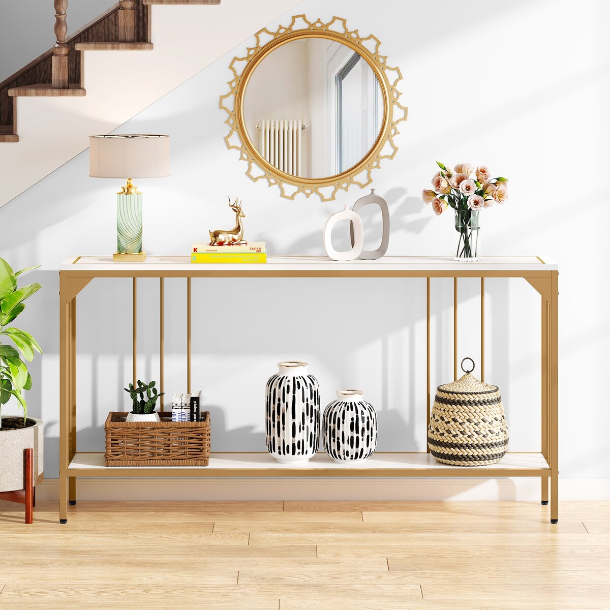 70.9 Inch White Extra Long Console Table with Gold Leg Overstock