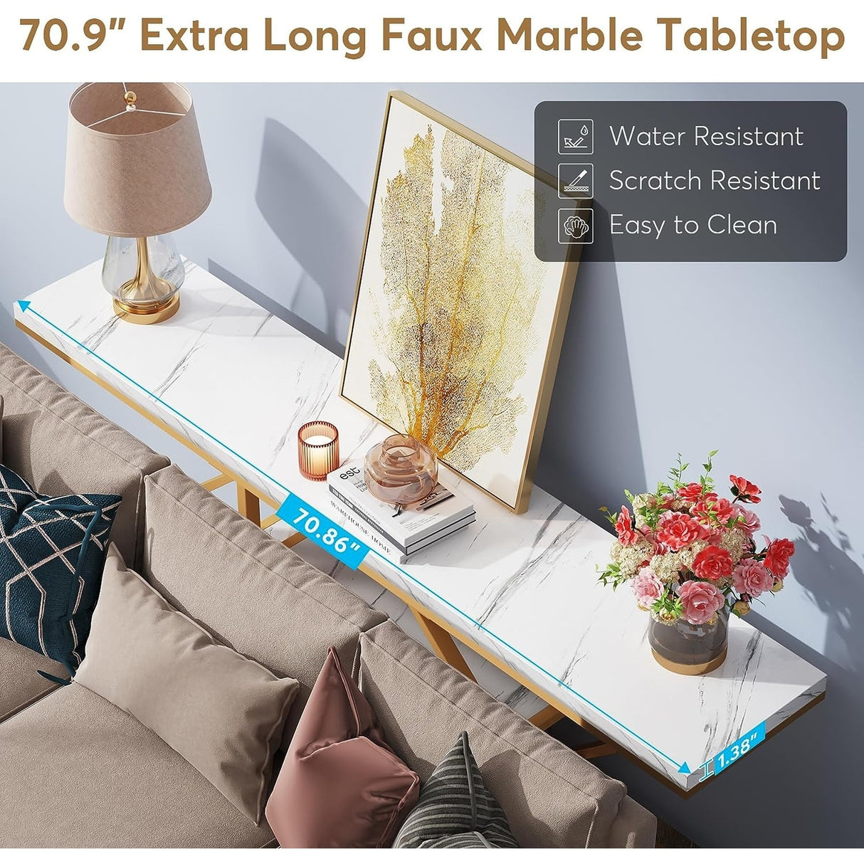 70.9 inch Extra Long Console Table, Modern Behind Couch Sofa Table, Faux Marble Entryway Table for Living Room, Hallway