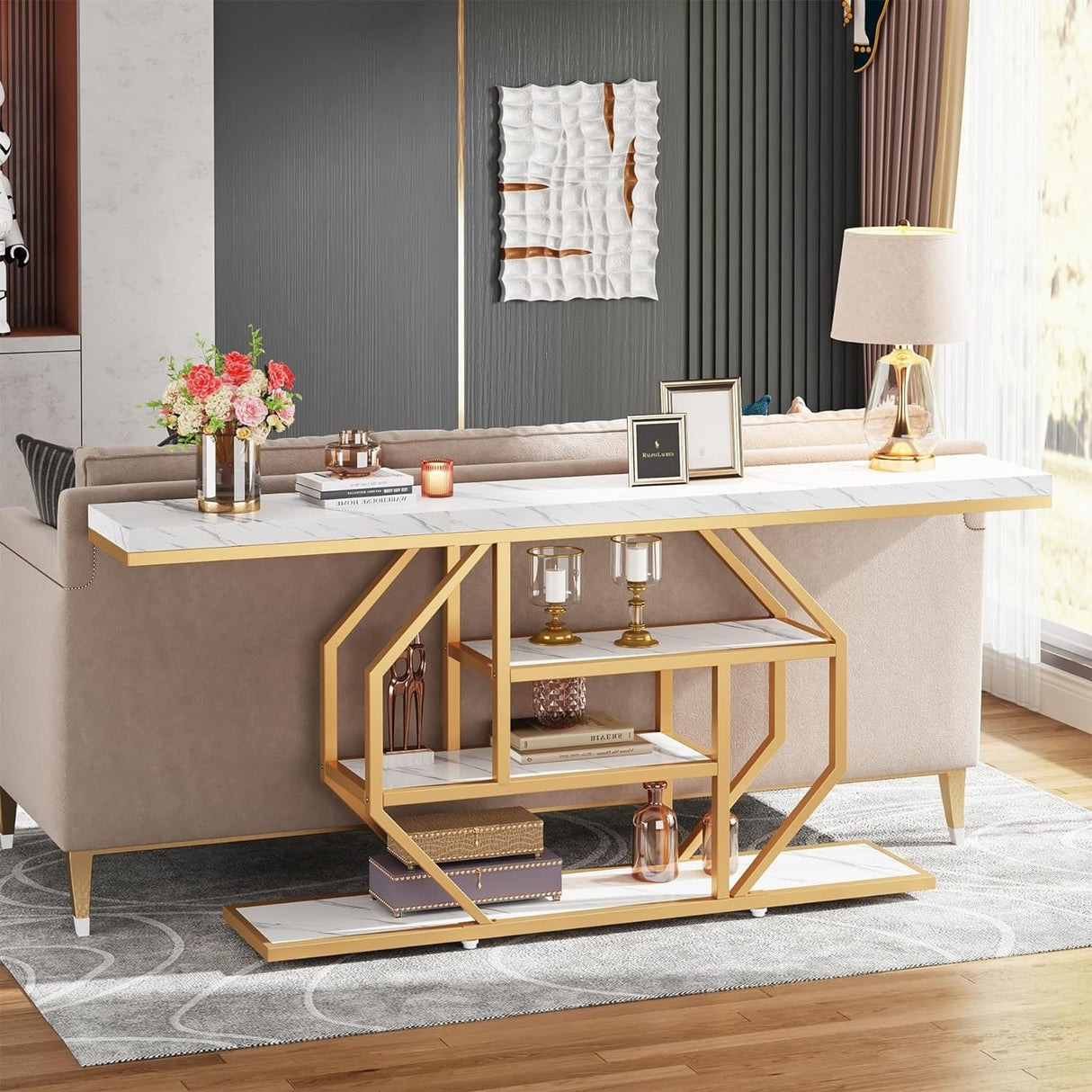 70.9 inch Extra Long Console Table, Modern Behind Couch Sofa Table, Faux Marble Entryway Table for Living Room, Hallway