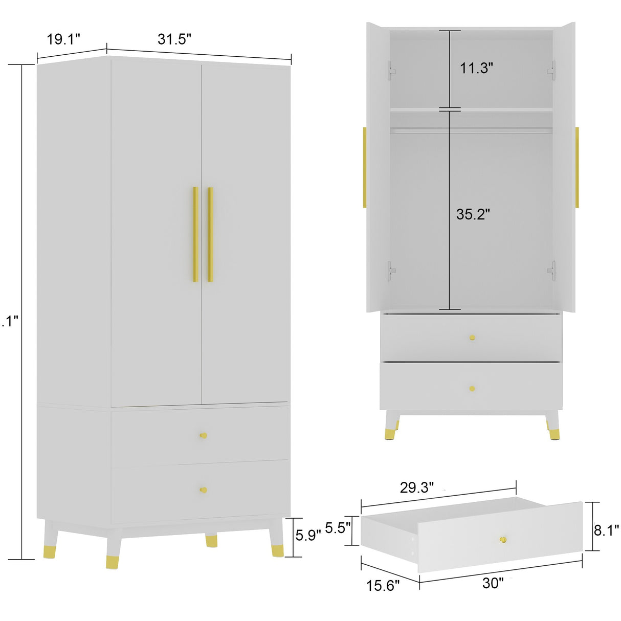 70.9"H Armoires & Wardrobe Two Drawers Hanging Storage Closet Cabinet
