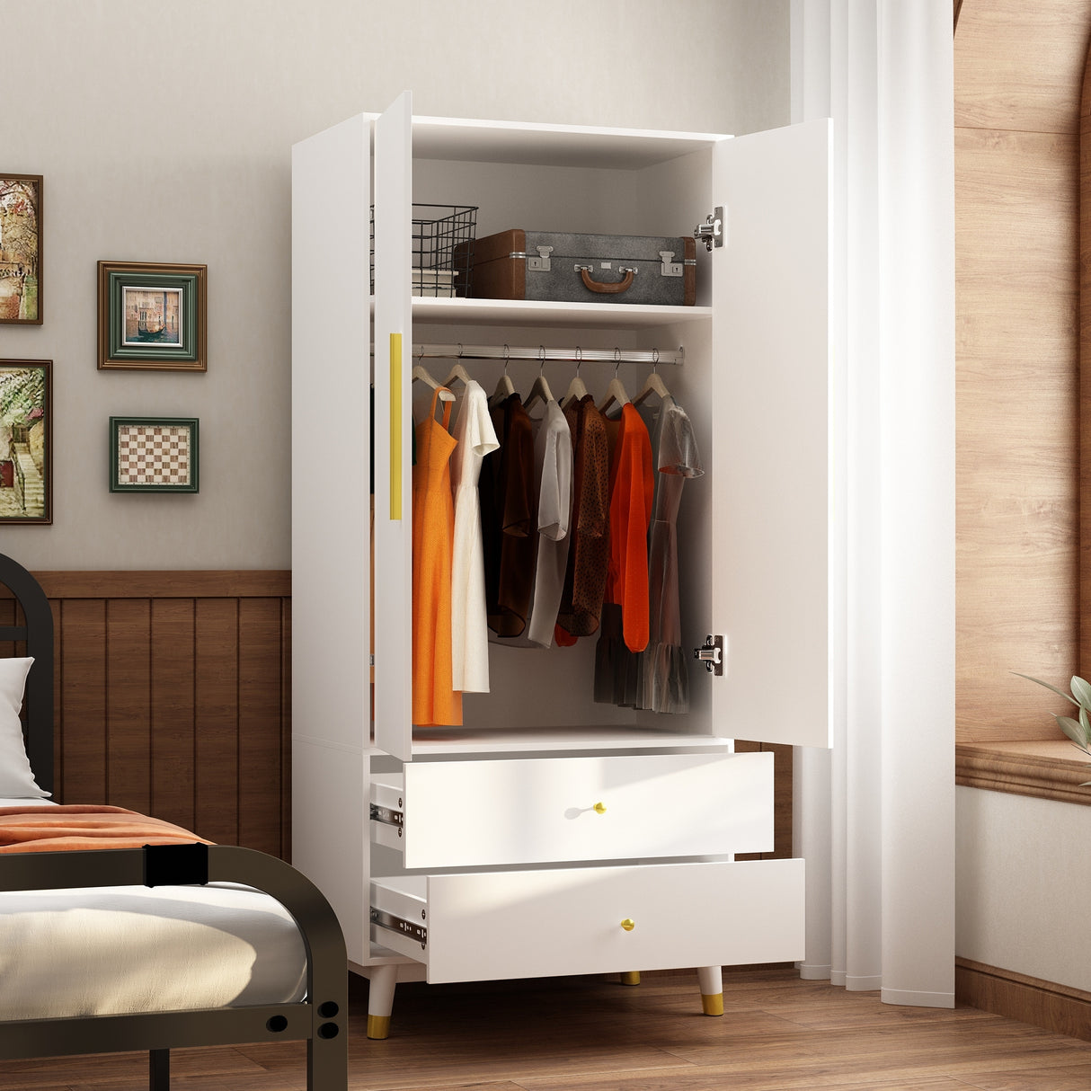 70.9"H Armoires & Wardrobe Two Drawers Hanging Storage Closet Cabinet