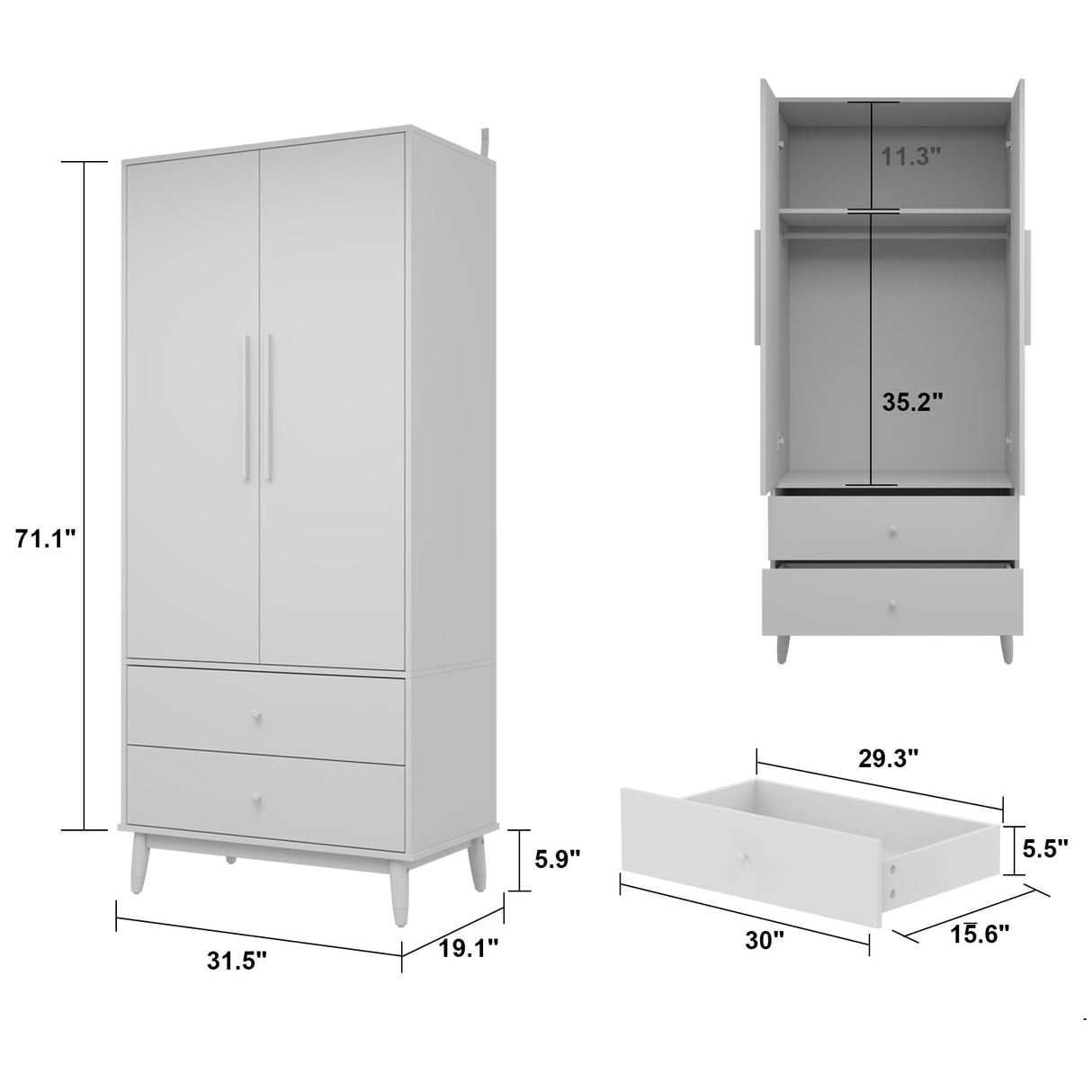 70.9"H Armoires & Wardrobe Two Drawers Hanging Storage Closet Cabinet