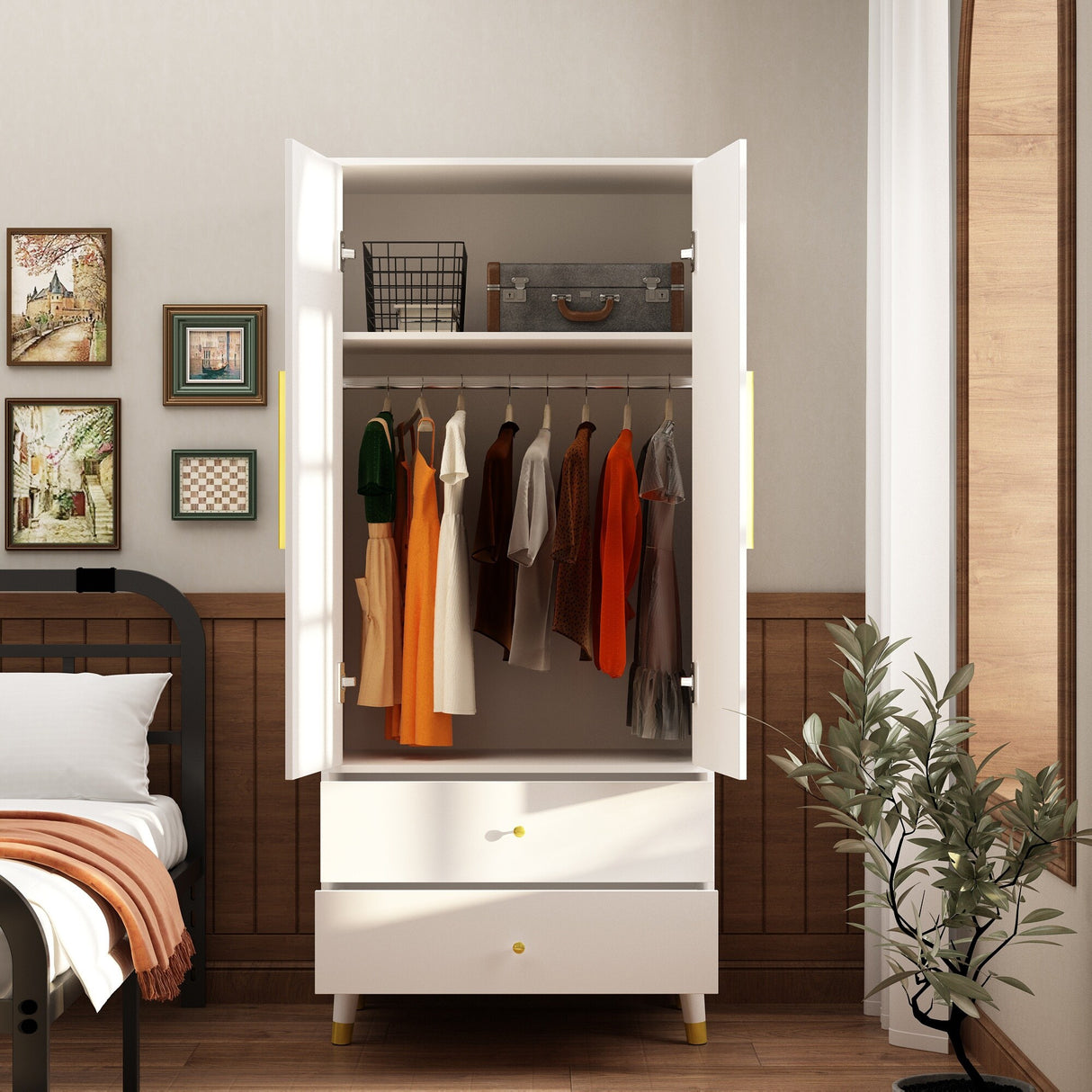70.9"H Armoires & Wardrobe Two Drawers Hanging Storage Closet Cabinet