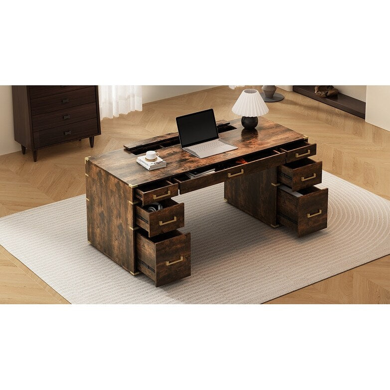70" Executive Desk with Metal Edge Trim, Writing Desk with 2 file drawers, USB Ports and Outlets, Desk with Hidden Compartment