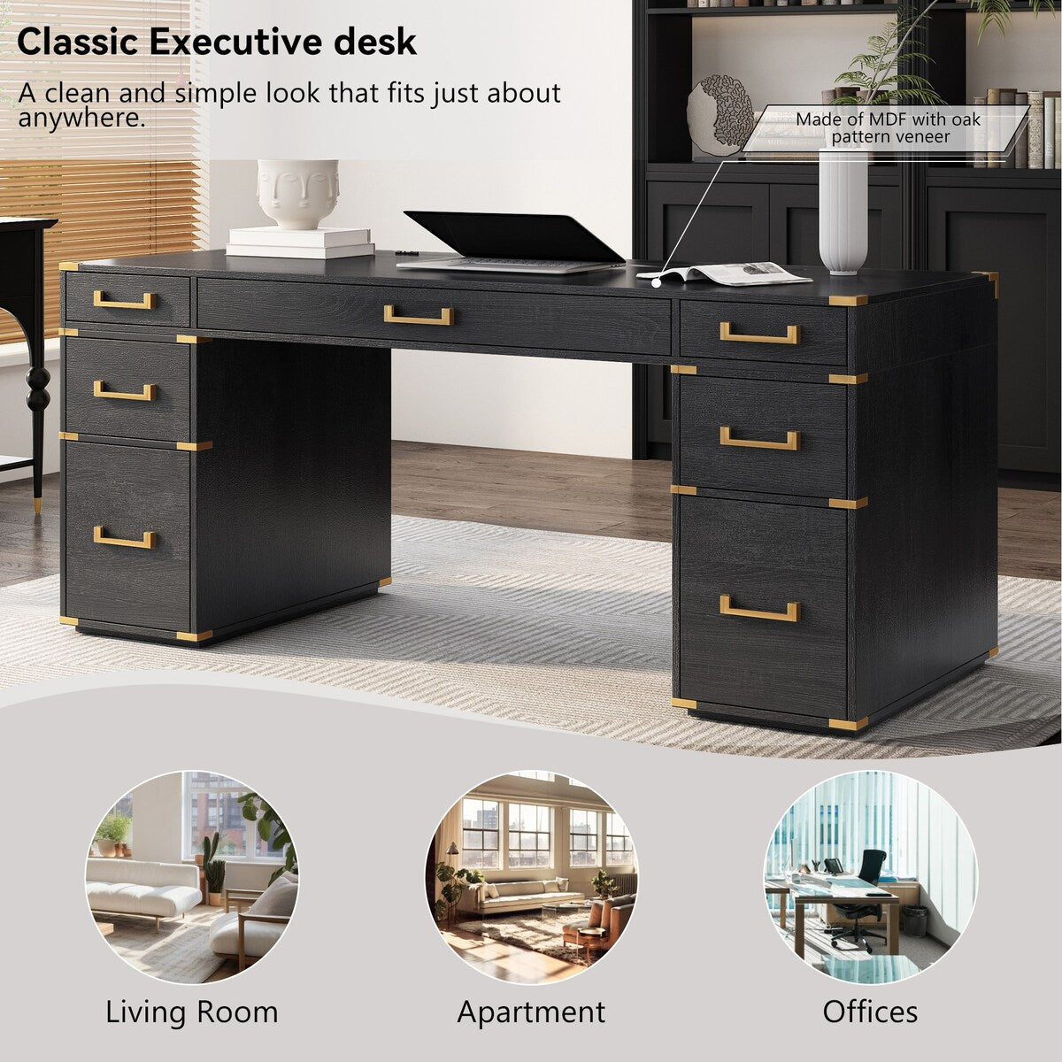 70" Executive Desk with Metal Edge Trim, Writing Desk with 2 file drawers, USB Ports and Outlets, Desk with Hidden Compartment