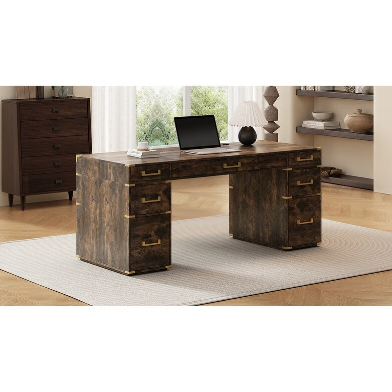 70" Executive Desk with Metal Edge Trim, Writing Desk with 2 file drawers, USB Ports and Outlets, Desk with Hidden Compartment