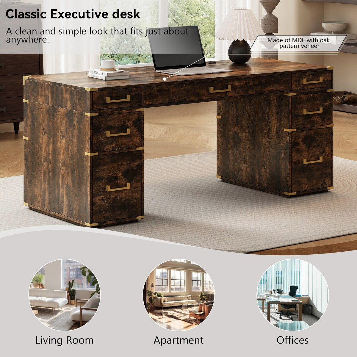 70" Executive Desk with Metal Edge Trim, Writing Desk with 2 file drawers, USB Ports and Outlets, Desk with Hidden Compartment