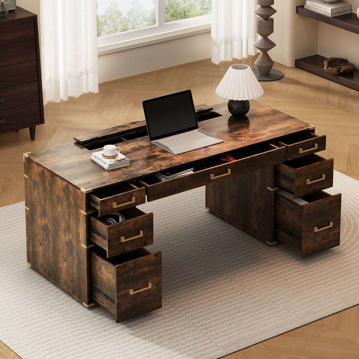 70" Executive Desk with Metal Edge Trim, Writing Desk with 2 file drawers, USB Ports and Outlets, Desk with Hidden Compartment