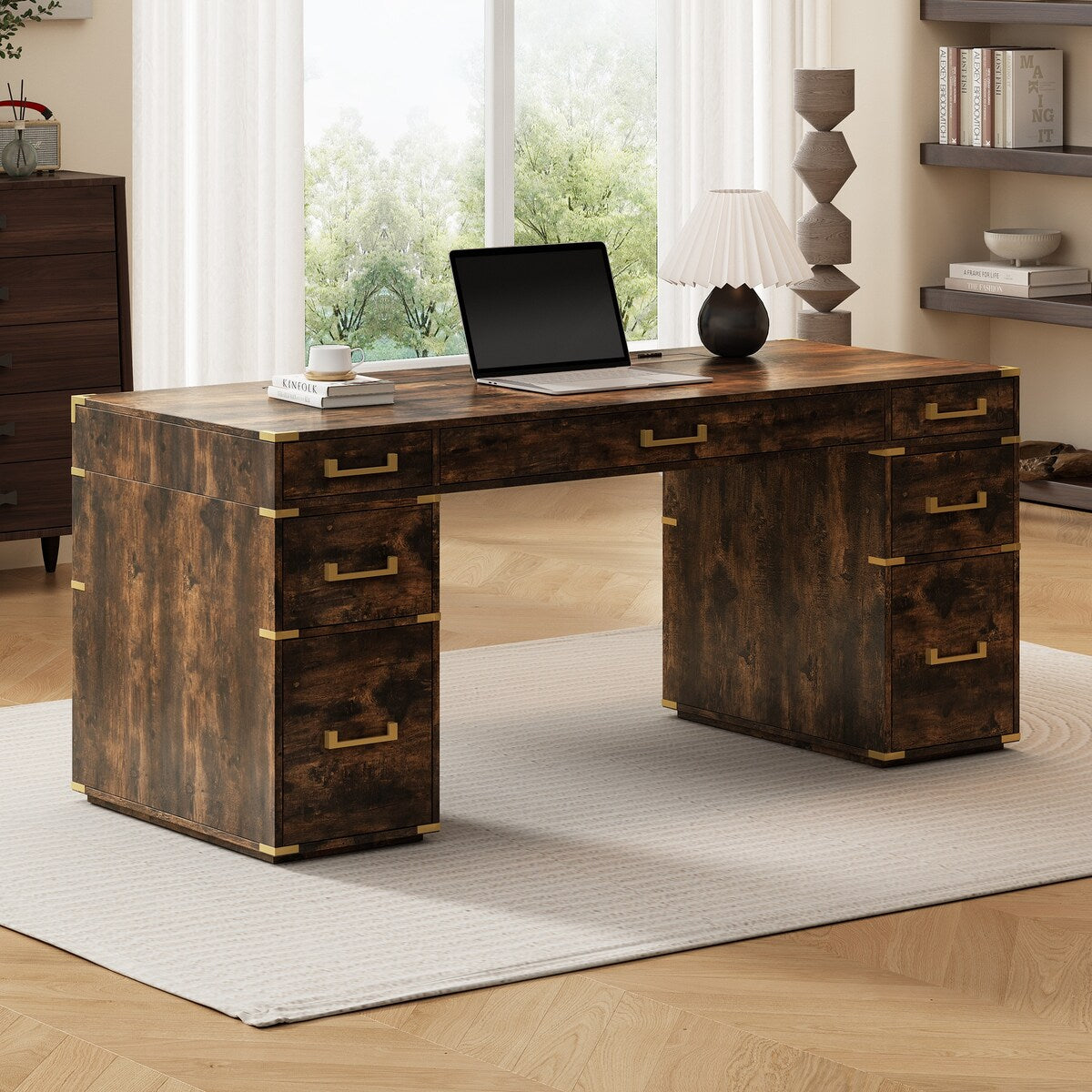 70" Executive Desk with Metal Edge Trim, Writing Desk with 2 file drawers, USB Ports and Outlets, Desk with Hidden Compartment