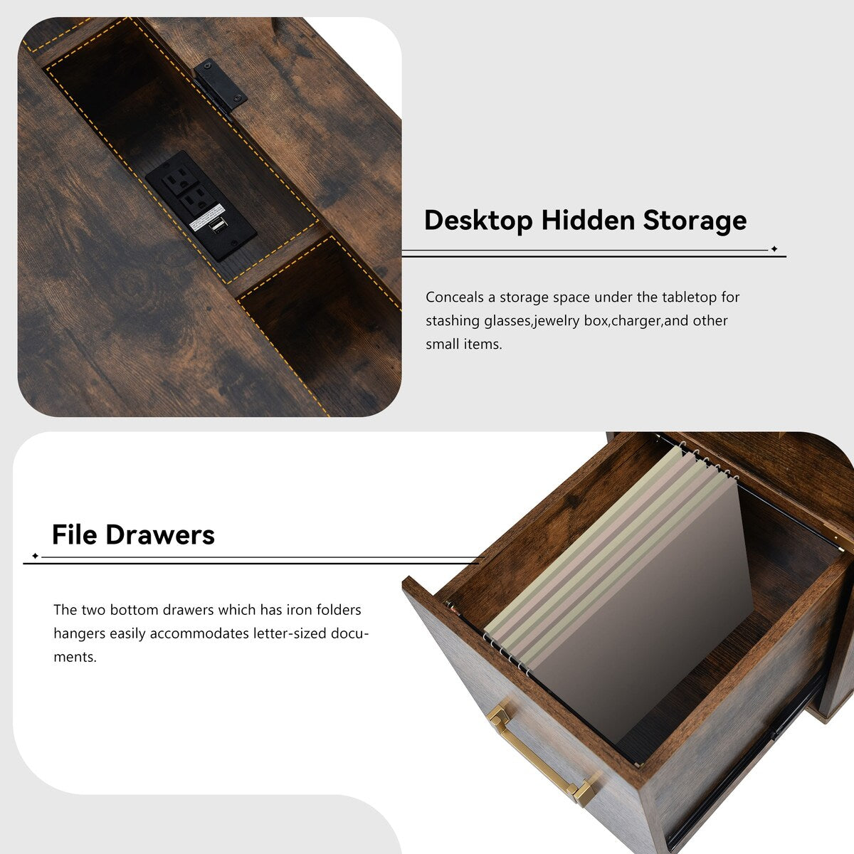 70" Executive Desk with Metal Edge Trim, Writing Desk with 2 file drawers, USB Ports and Outlets, Desk with Hidden Compartment