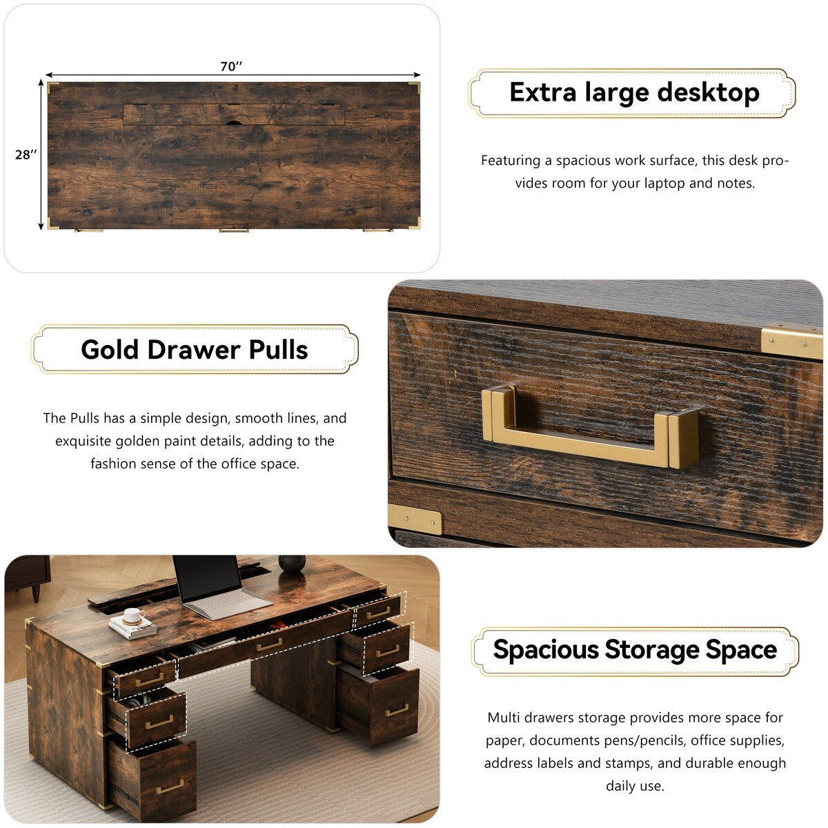 70" Executive Desk with Metal Edge Trim, Writing Desk with 2 file drawers, USB Ports and Outlets, Desk with Hidden Compartment