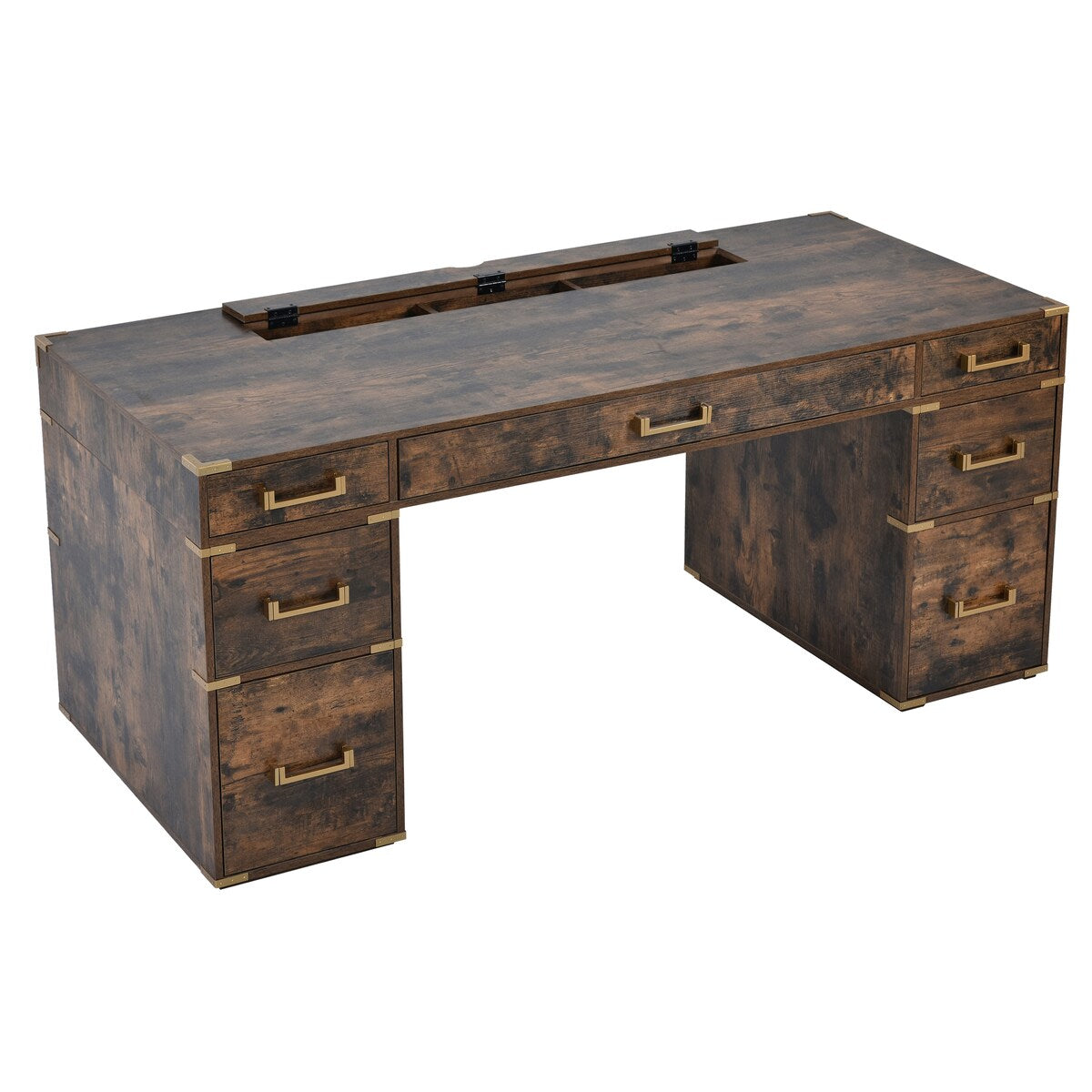 70" Executive Desk with Metal Edge Trim, Writing Desk with 2 file drawers, USB Ports and Outlets, Desk with Hidden Compartment