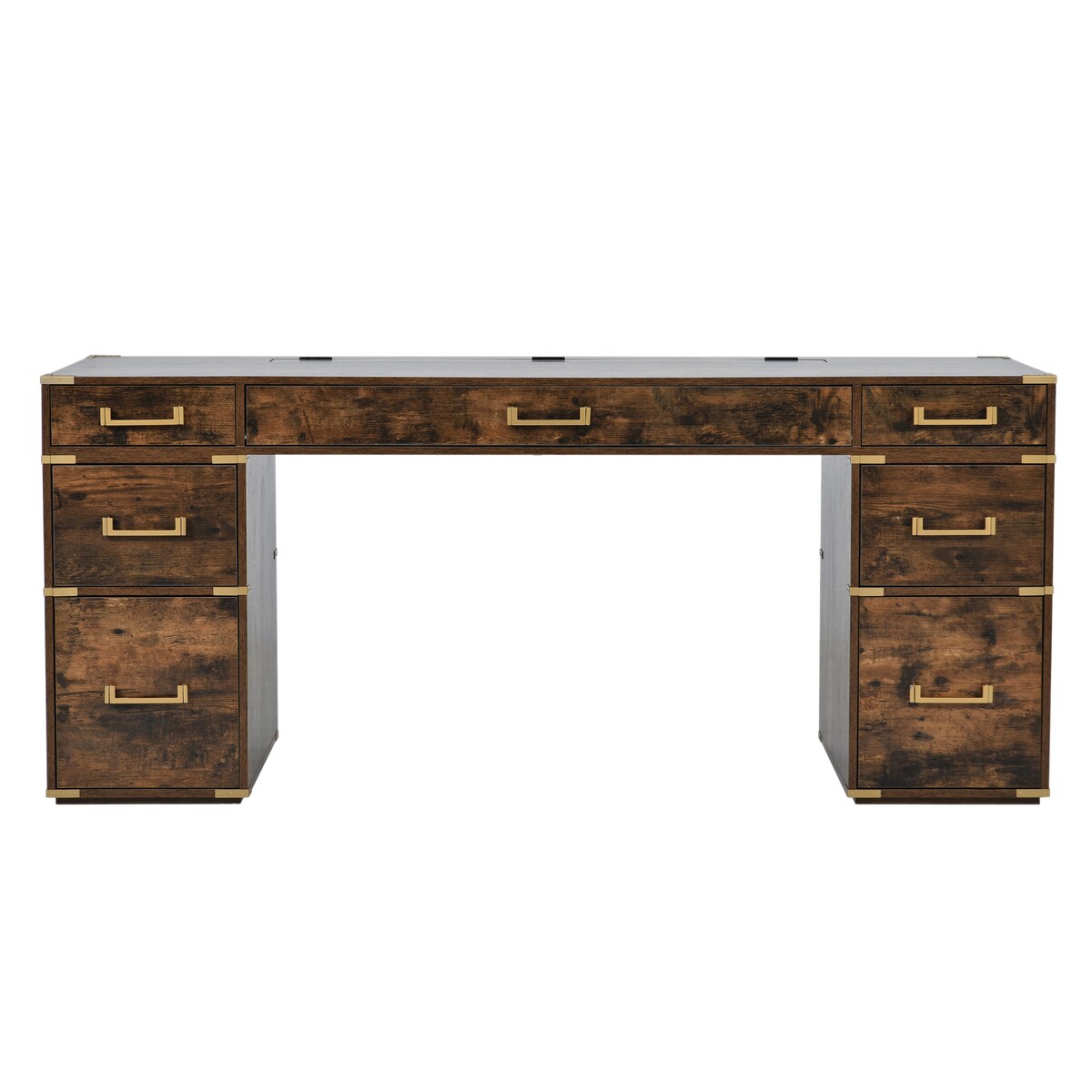 70" Executive Desk with Metal Edge Trim, Writing Desk with 2 file drawers, USB Ports and Outlets, Desk with Hidden Compartment