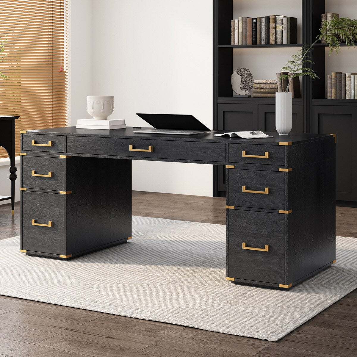 70" Executive Desk with Metal Edge Trim, Writing Desk with 2 file drawers, USB Ports and Outlets, Desk with Hidden Compartment