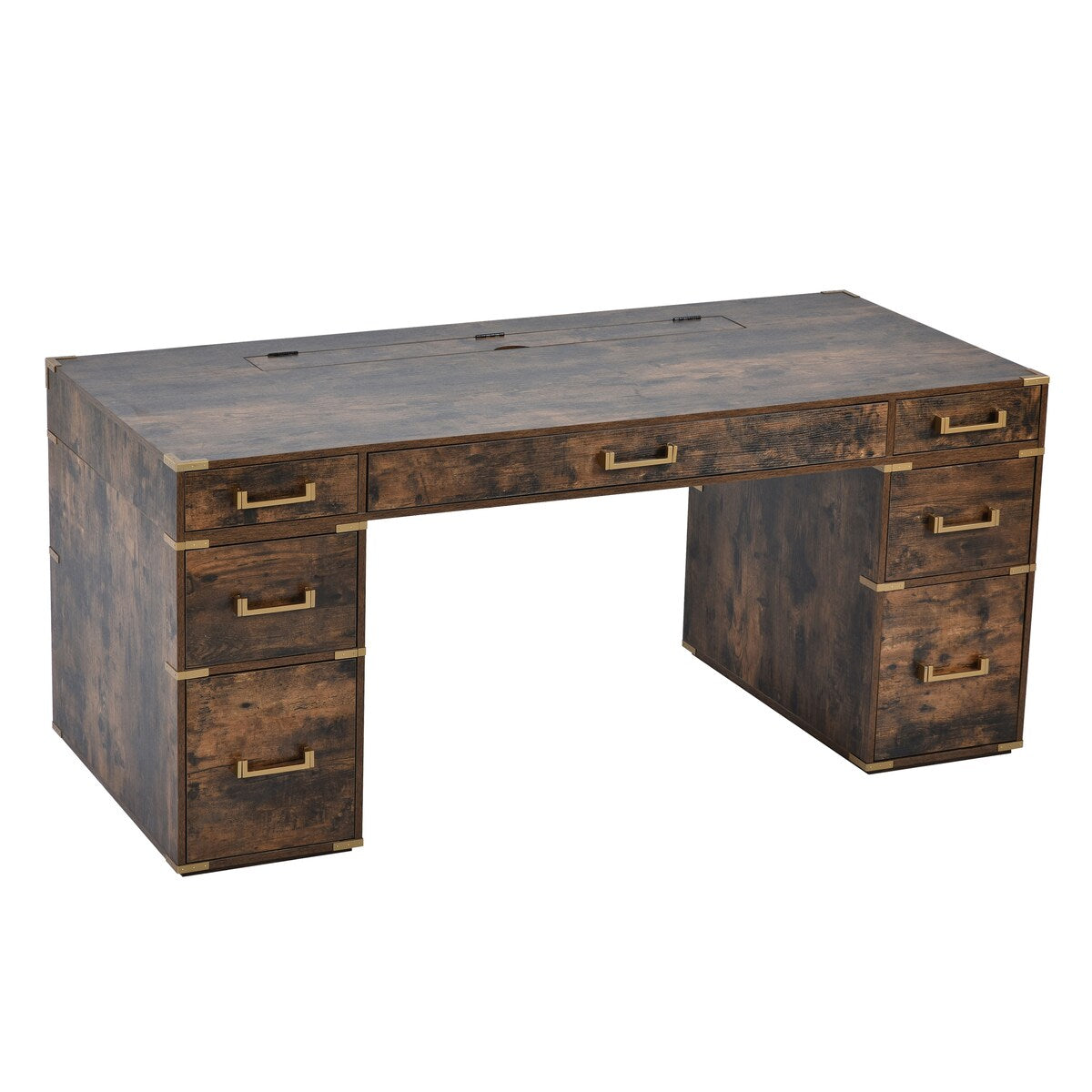 70" Executive Desk with Metal Edge Trim, Writing Desk with 2 file drawers, USB Ports and Outlets, Desk with Hidden Compartment