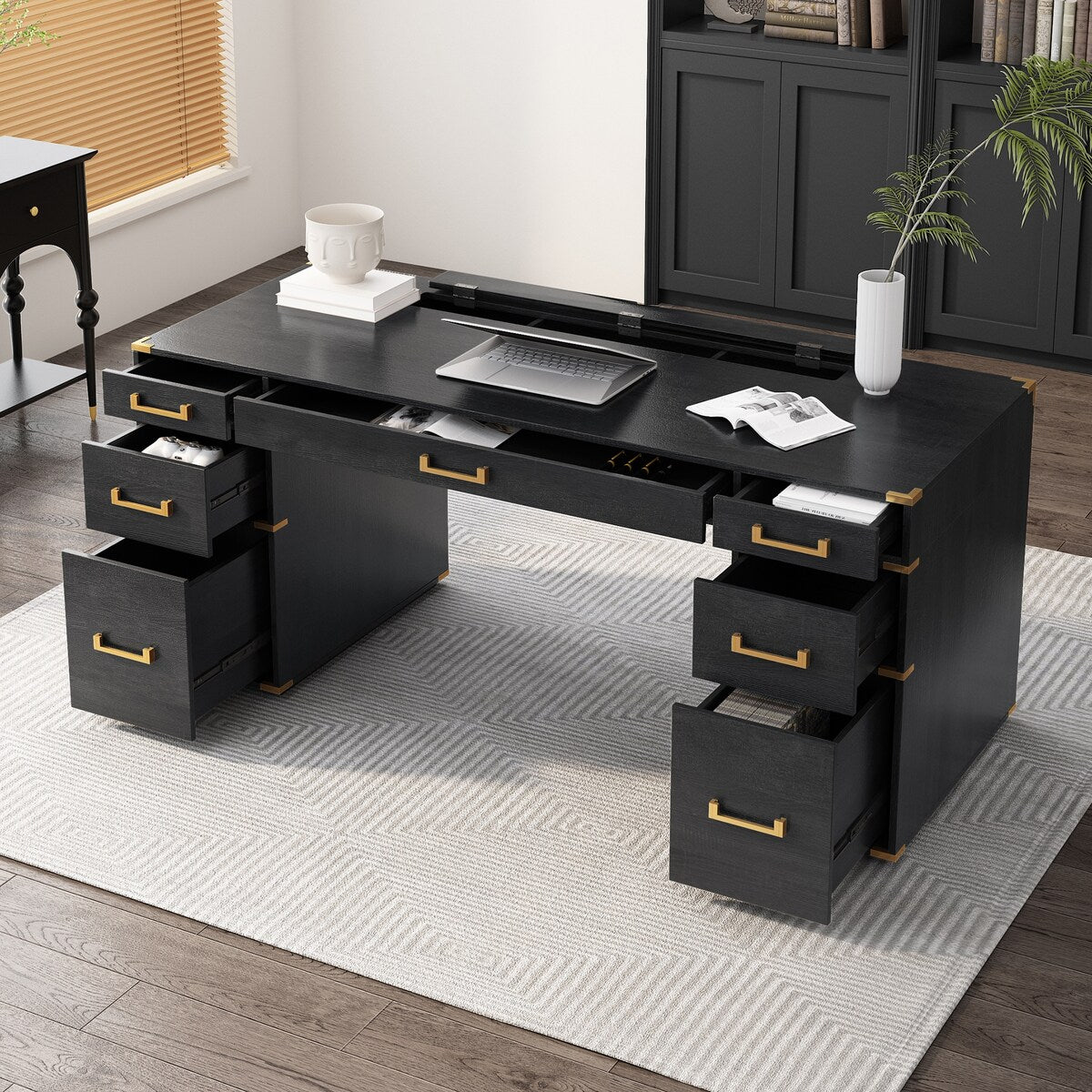 70" Executive Desk with Metal Edge Trim, Writing Desk with 2 file drawers, USB Ports and Outlets, Desk with Hidden Compartment