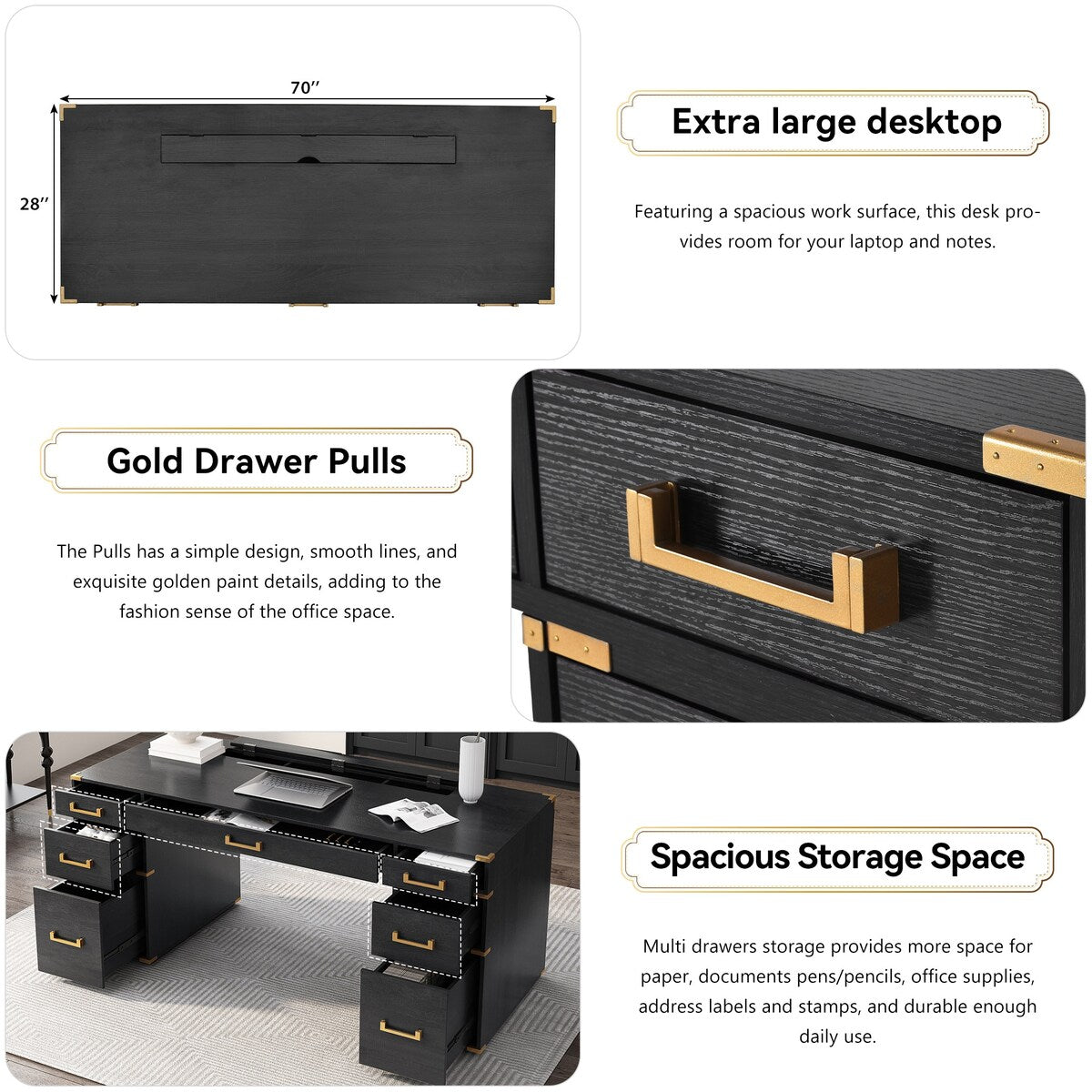 70" Executive Desk with Metal Edge Trim, Writing Desk with 2 file drawers, USB Ports and Outlets, Desk with Hidden Compartment