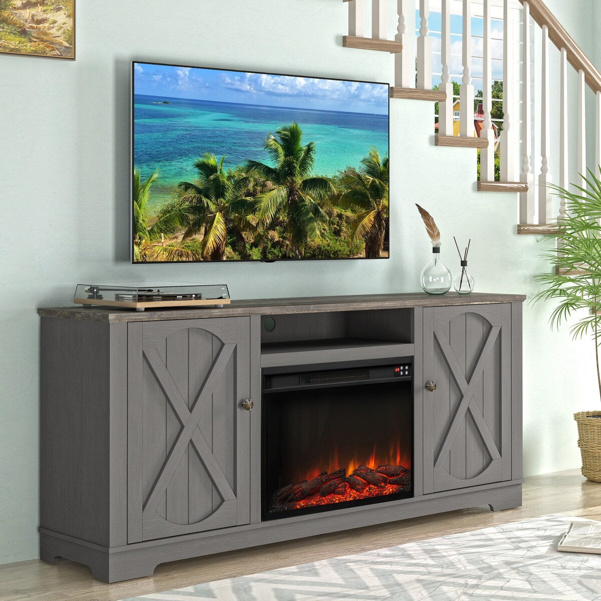 70" Farmhouse TV Stand with Fireplace, Fits up to 75" TV - 70"W x 30"H x 14.5"D