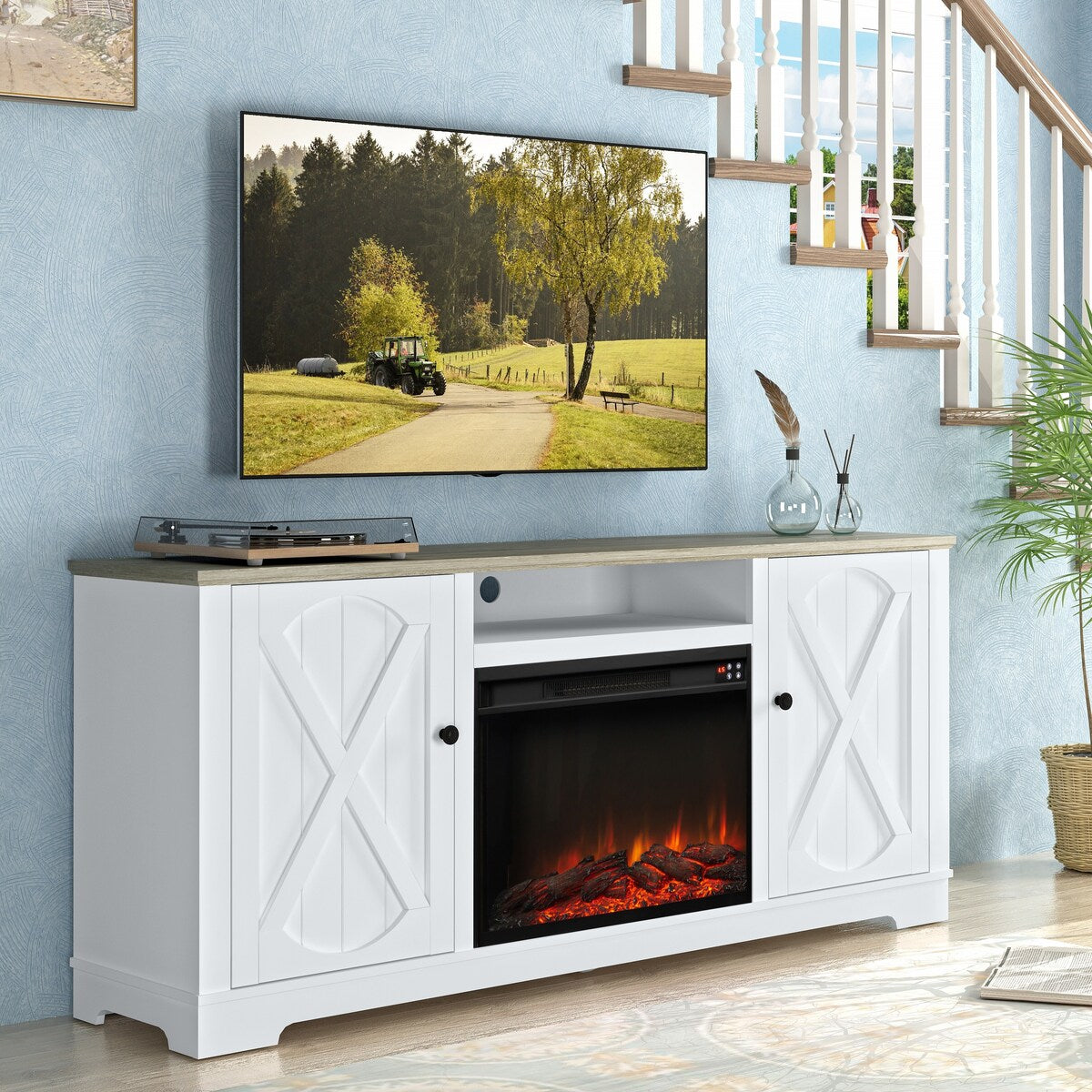 70" Farmhouse TV Stand with Fireplace, Fits up to 75" TV - 70"W x 30"H x 14.5"D