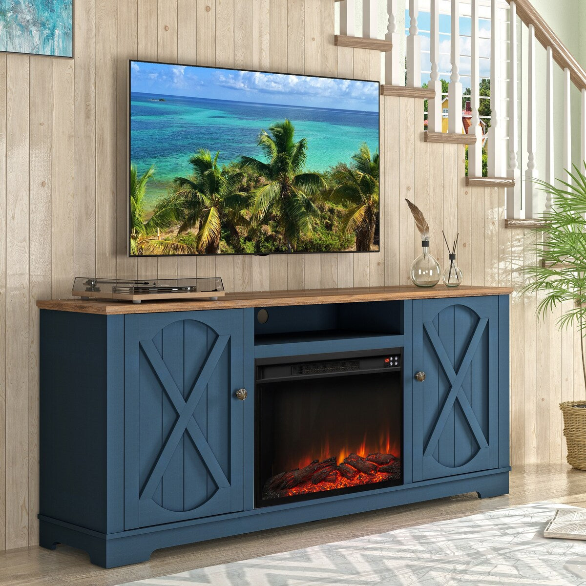 70" Farmhouse TV Stand with Fireplace, Fits up to 75" TV - 70"W x 30"H x 14.5"D